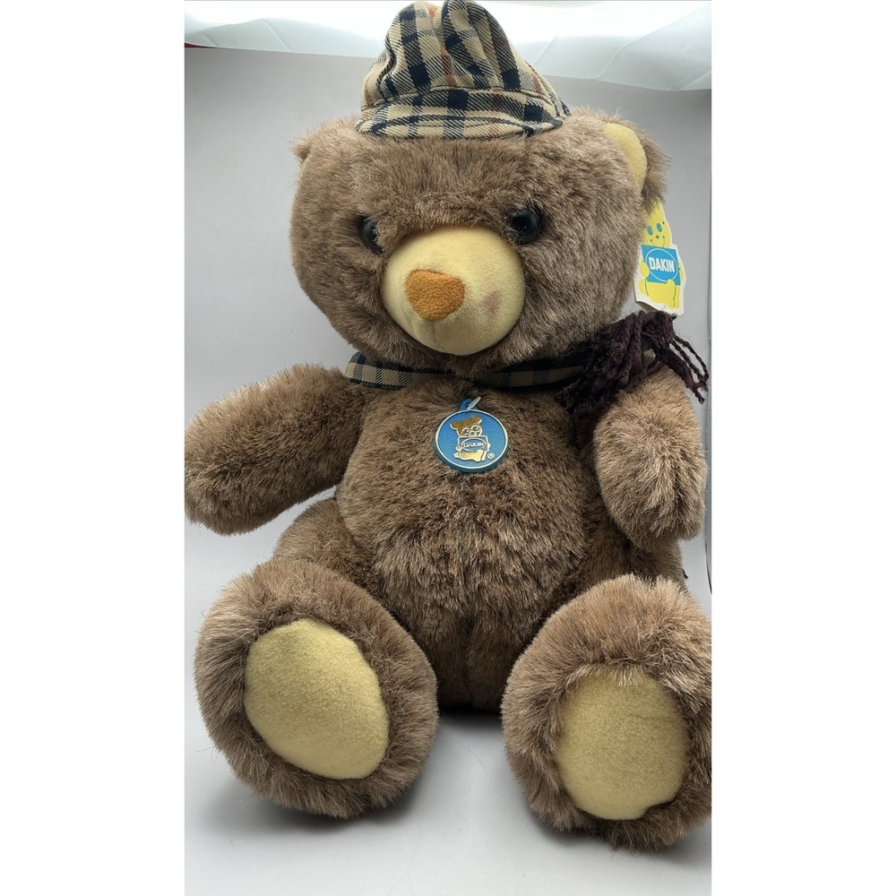 Vtg 1984 Dakin Arthur Plush Teddy Bear Plaid Hat Scarf Stuffed Animal Medallion